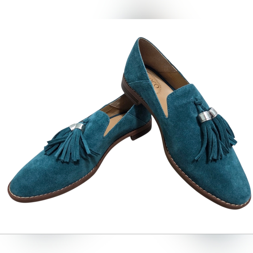 Franco Sarto L-Hadden Green/Teal Suede Loafers Tassel Detail